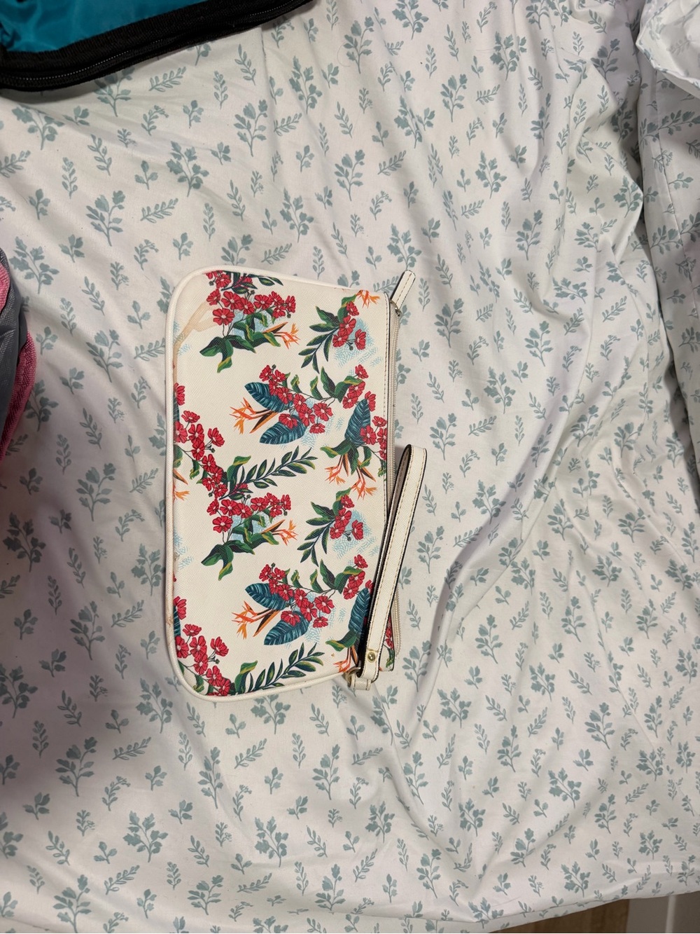 Floral Bird Print Wristlet Wallet - White